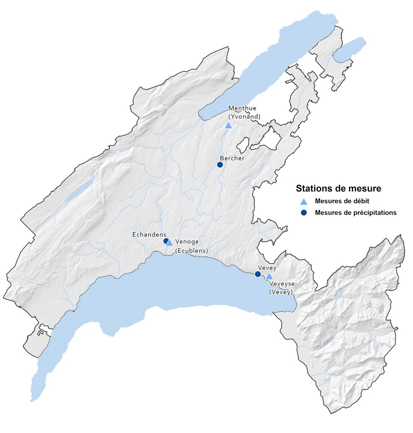 Situation des stations de mesures des cours d'eaux et des précipitations