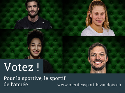 Montage de quatre visages parmi les sportifs et sportives nommés pour recevoir les Mérites sportifs vaudois 2025.
