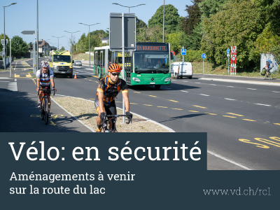 des cyclistes sur la piste cyclable près de Dorigny. Derrière sur la route, un bus se dirige vers la Bourdonnette.