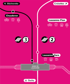Image: détail des correspondances pour les deux lignes entre la gare CFF, les stations Flon et Chauderon