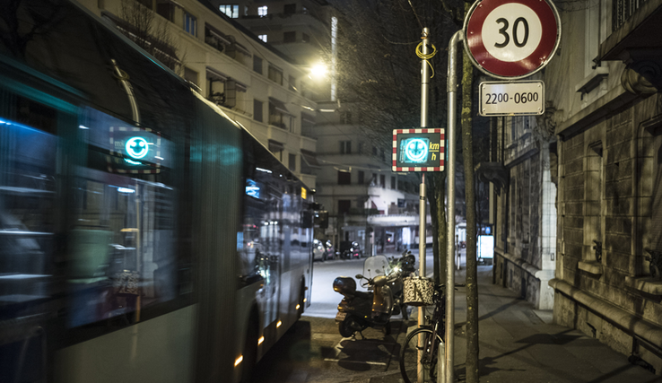 Avenue Vinet à Lausanne durant les tests de 30 kilomètres heures nocturne en 2018.