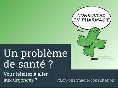 Dessin: une croix verte de pharmacie avec le message "Consultez en pharmacie"