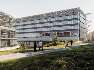 image de synthèse du bâtiment projeté avec quelques étudiants sur la pelouse