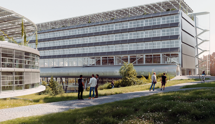 image de synthèse du bâtiment projeté avec quelques étudiants sur la pelouse