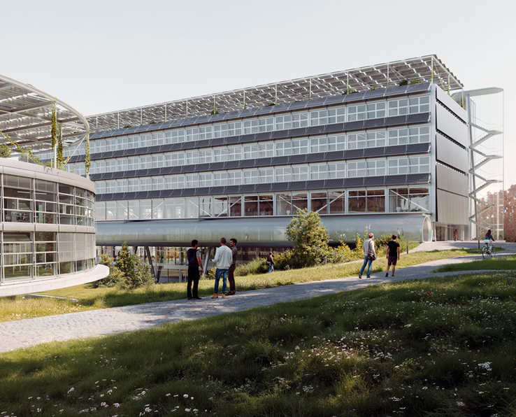 image de synthèse du bâtiment projeté avec quelques étudiants sur la pelouse