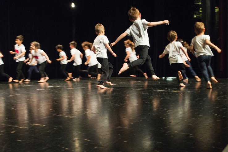 Photographie représentant des jeunes élèves en plein cours de danse dans le cadre du projet "Danses au fil de Montoie" proposé à 9 classes de 1 à 5P de l'Etablissement primaire de Floréal à Lausanne. Photo : En Cie d'Eux