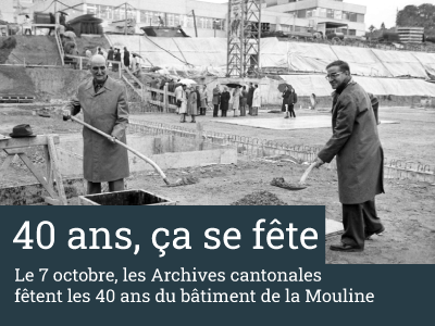 Photo: pose de la première pierre du futur bâtiment des Archives cantonales à Chavannes, en novembre 1982