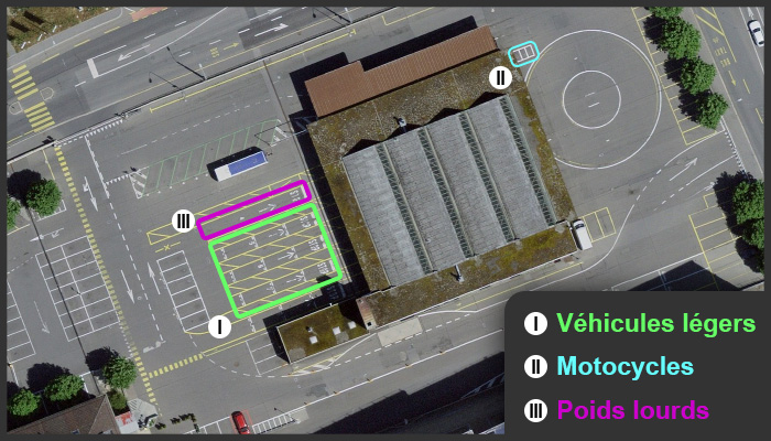 Vue aérienne des différentes zone d'attentes selon le type de véhicule