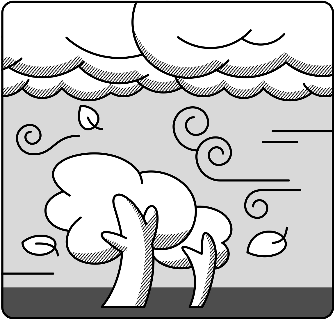 Illustration d'une tempête contenant du vent, des arbres et des nuages.